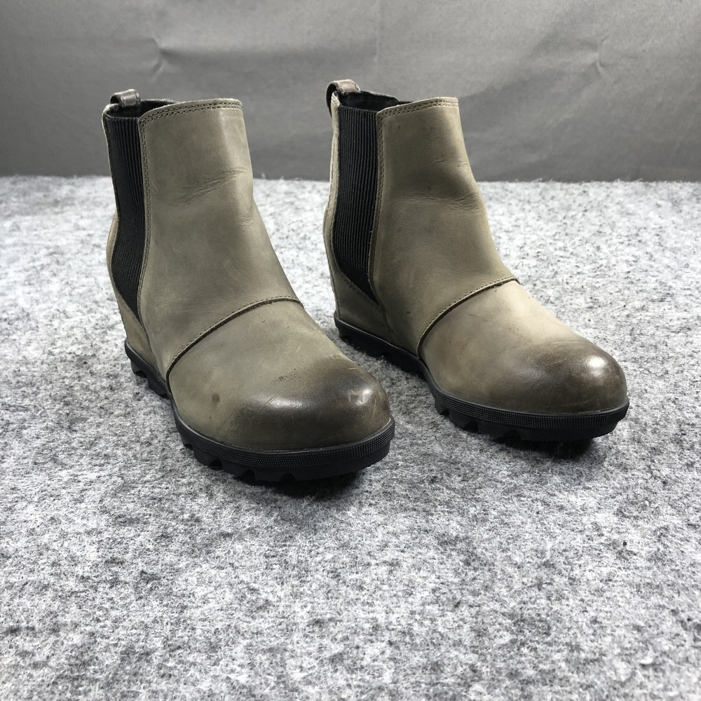 Sorel Joan of Arctic Wedge Boots Womens 9 Gray Leather Pull On Ankle NL3022-052